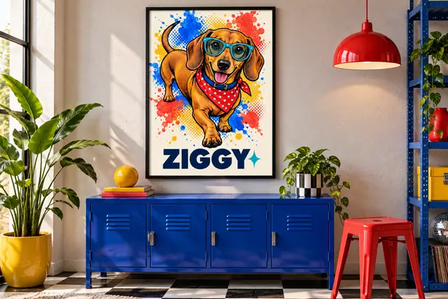 Pop-art dachshund in a black frame beside a blue locker and red stool in crisp daylight