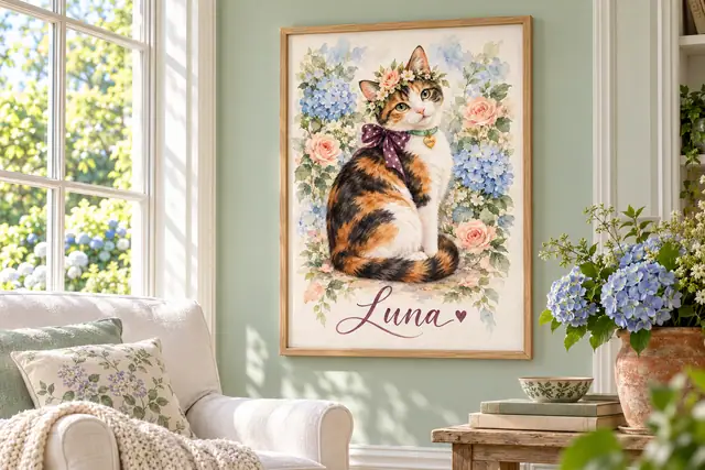 Wood-framed calico watercolor on a mint wall beside a bright sash window and green garden