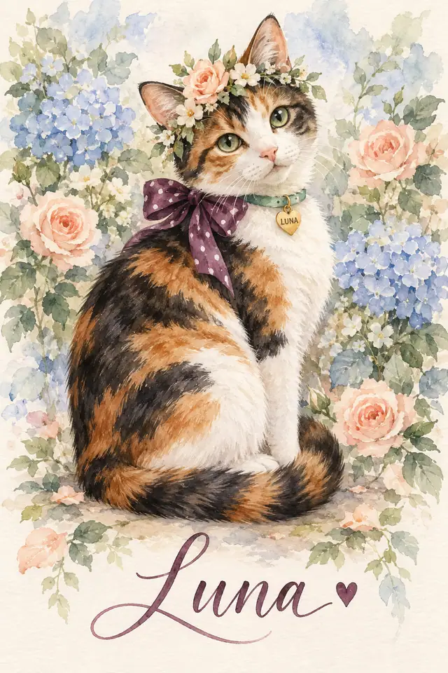 Watercolor calico Luna with flower crown, plum dotted bow, mint collar and engraved heart tag in a garden