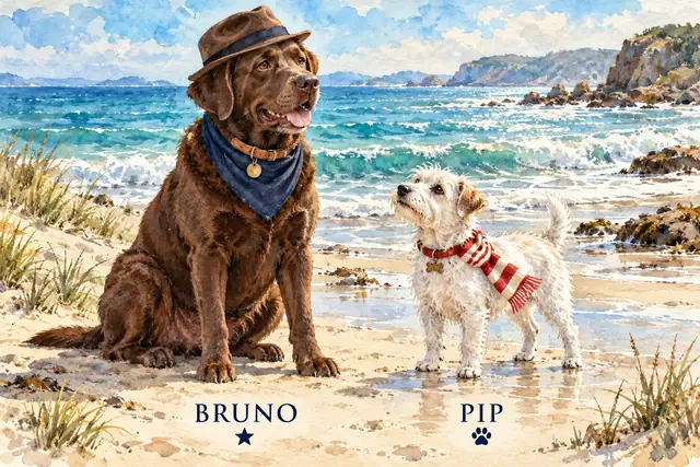 Bruno in a fedora and blue bandana beside Pip in a striped scarf on the coast, with individual names and accents