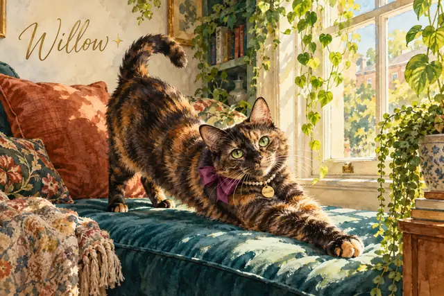Willow stretches on a teal window seat wearing a plum bow and bling collar, with script name and sparkle above