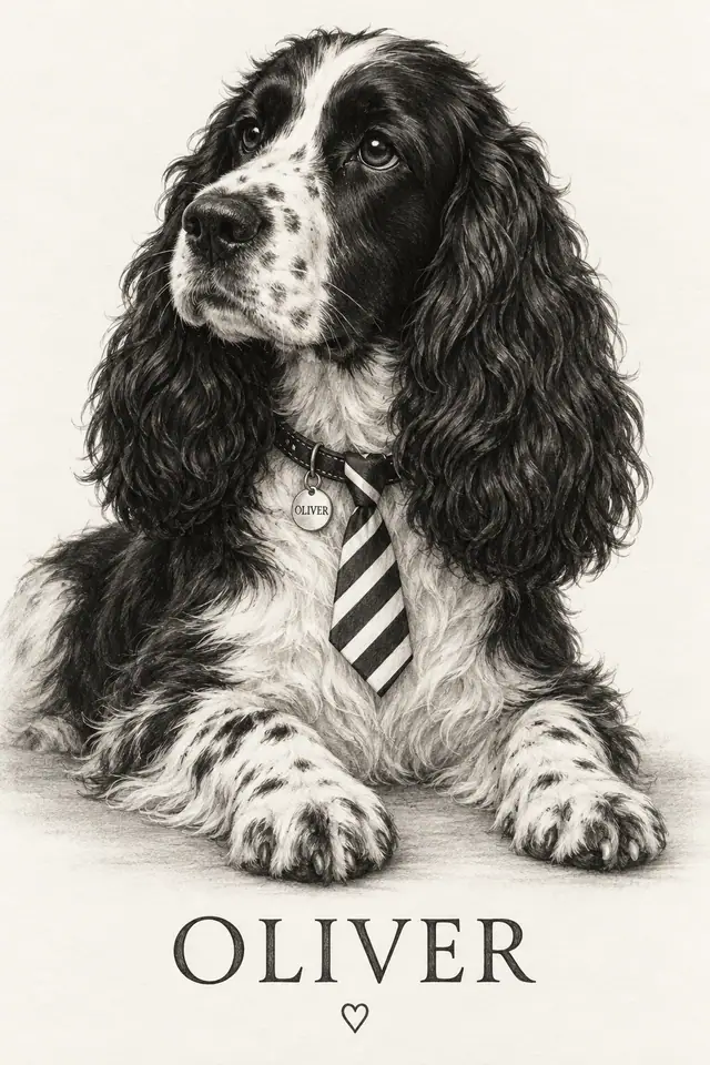 Oliver in charcoal with a striped tie, black collar, engraved round tag, name and heart accent