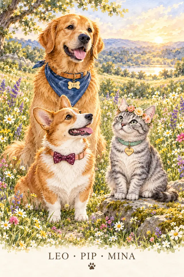 Leo, Pip and Mina grouped in a portrait-format meadow watercolor with their names, a paw accent, bandana, dotted bow and flower crown