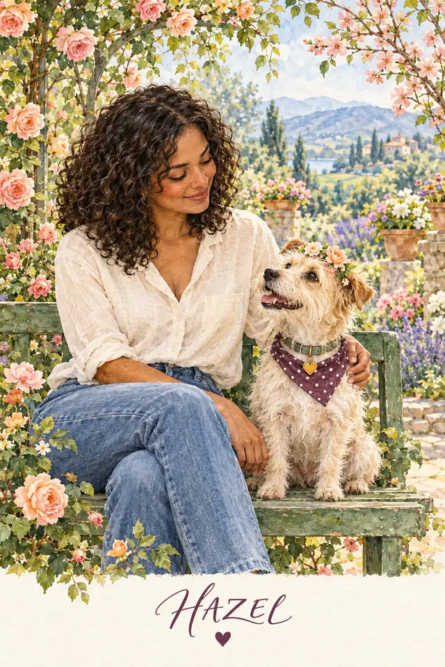 A woman and Hazel on a garden bench; the terrier wears a flower crown, dotted bandana and collar, with her name and heart below