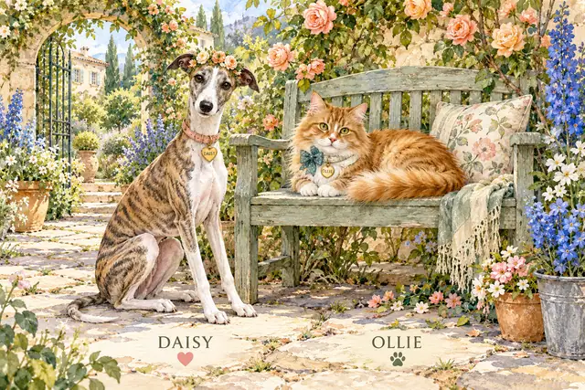 The Garden Gathering — original scene concept with two pets