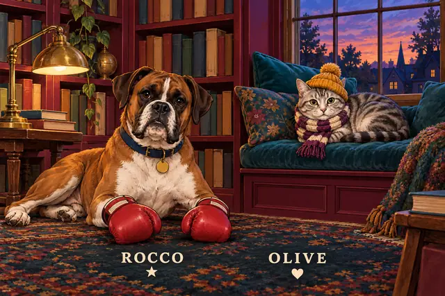 Little Library Companions — original scene concept with two pets