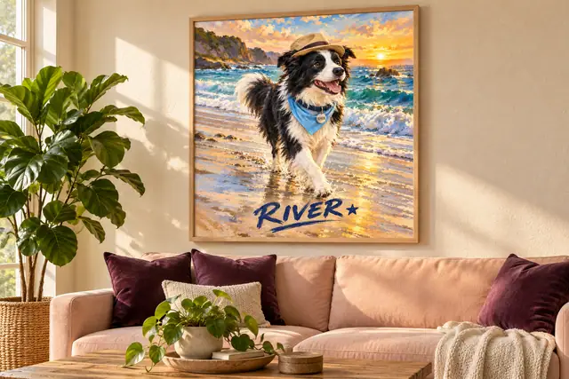 Personalized River collie portrait with fedora, blue bandana, name and star in a peach and plum living room